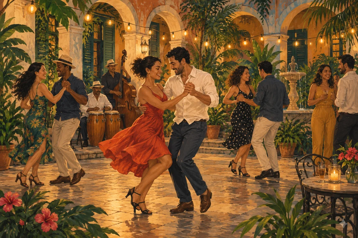 Ilustración de adultos bailando salsa y conversando en un patio habanero
