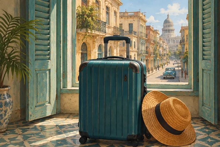 Ilustración de una maleta junto a una ventana de La Habana