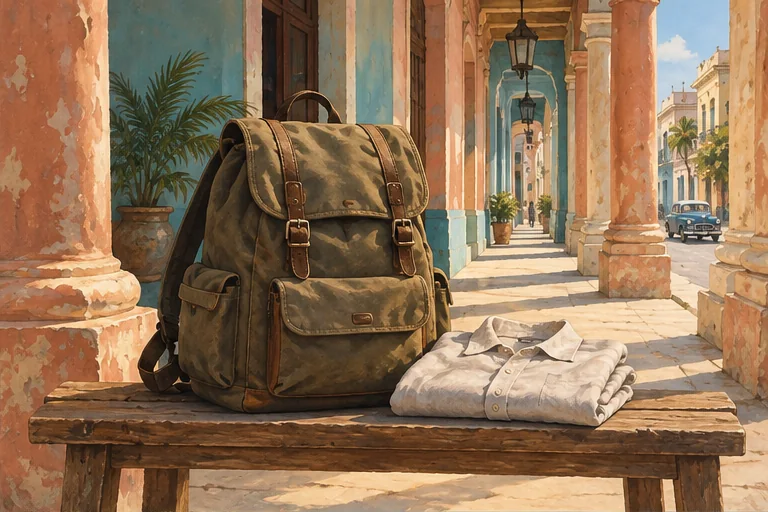 Ilustración de una mochila bajo una galería habanera